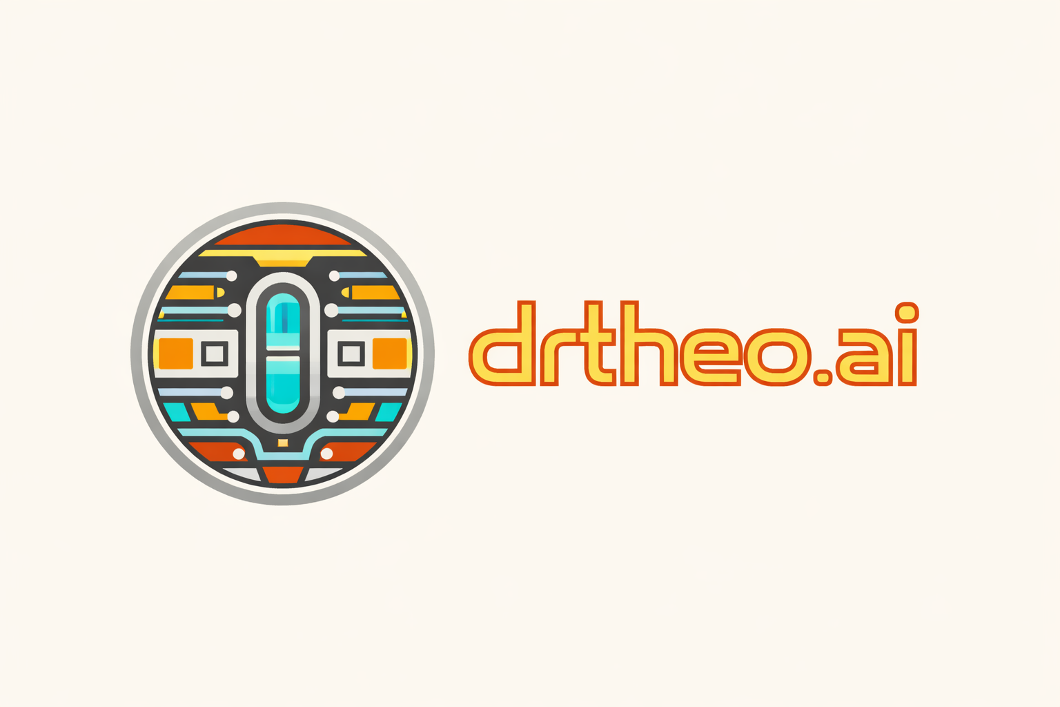 drtheo.ai logo: retro-futuristic circular disk with teal core